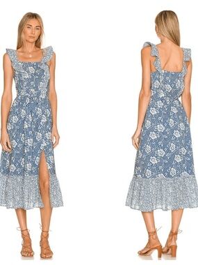 Paige Poppy Blue Floral Ruffle Midi Dress - M